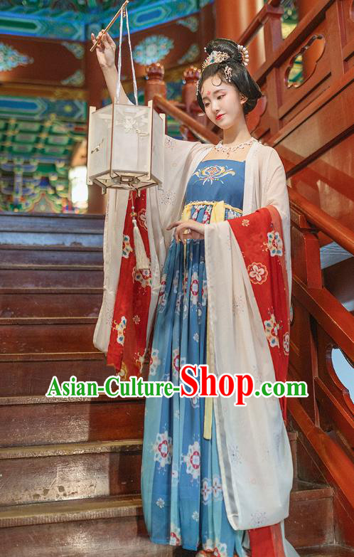 Chinese Ancient Imperial Concubine White Cloak and Blue Dress Traditional Tang Dynasty Historical Costumes Court Woman Hanfu Apparels