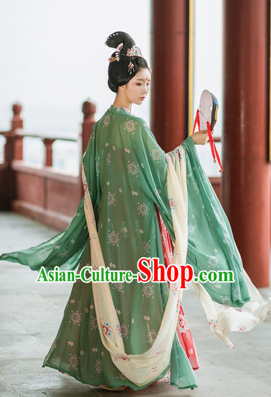 Chinese Ancient Tang Dynasty Imperial Concubine Green Cloak and Red Dress Traditional Court Woman Hanfu Apparels Historical Costumes