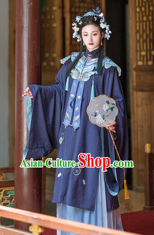 Chinese Ancient Ming Dynasty Royal Princess Navy Gown and Skirt Traditional Hanfu Apparels Historical Costumes for Rich Women