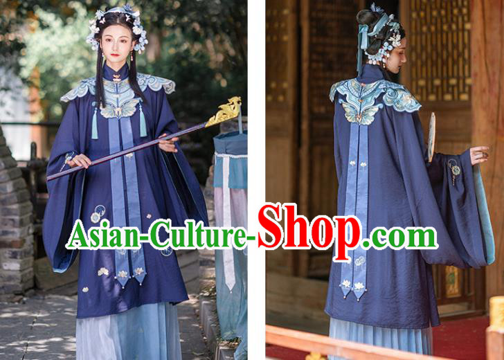 Chinese Ancient Ming Dynasty Royal Princess Navy Gown and Skirt Traditional Hanfu Apparels Historical Costumes for Rich Women
