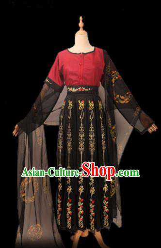 Chinese Ancient Tang Dynasty Dunhuang Apsaras Dance Costumes Traditional Embroidered Red Half Sleeved Garment Blouse and Skirt Hanfu Apparels