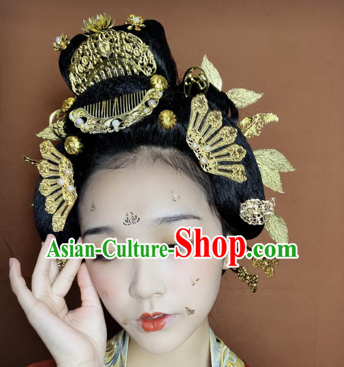 Chinese Classical Court Queen Golden Hair Combs Women Hanfu Hair Accessories Handmade Ancient Tang Dynasty Princess Hairpins Full Set
