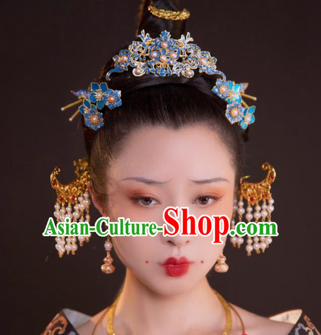 Chinese Classical Court Empress Hair Comb Women Hanfu Hair Accessories Handmade Ancient Ming Dynasty Blueing Hairpins Full Set