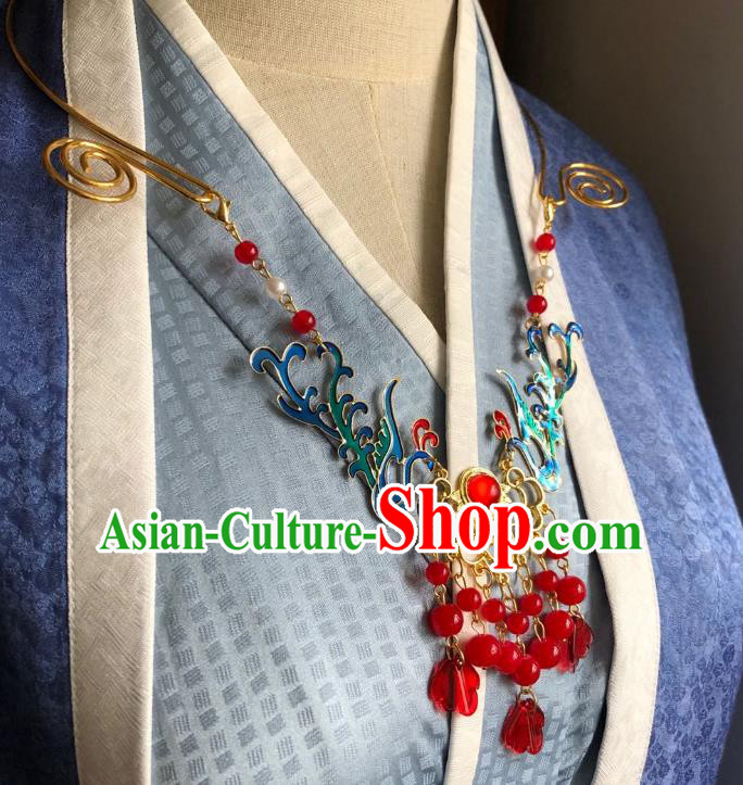 Chinese Handmade Ming Dynasty Cloisonne Phoenix Necklet Classical Jewelry Accessories Ancient Hanfu Red Beads Tassel Necklace for Women