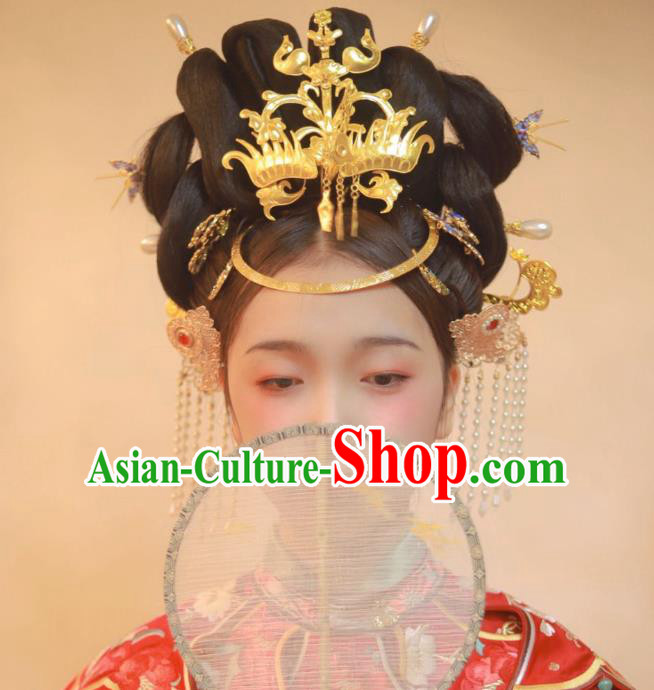 Chinese Classical Ancient Bride Wedding Phoenix Hairpins Women Hanfu Hair Accessories Handmade Tang Dynasty Court Golden Hair Crown Full Set