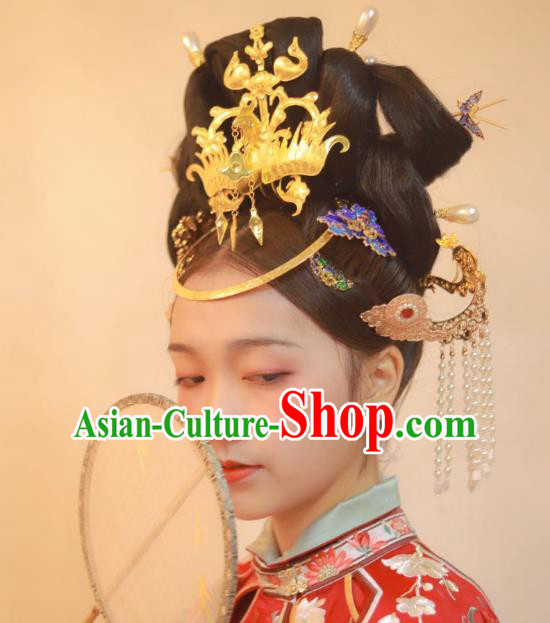 Chinese Classical Ancient Bride Wedding Phoenix Hairpins Women Hanfu Hair Accessories Handmade Tang Dynasty Court Golden Hair Crown Full Set