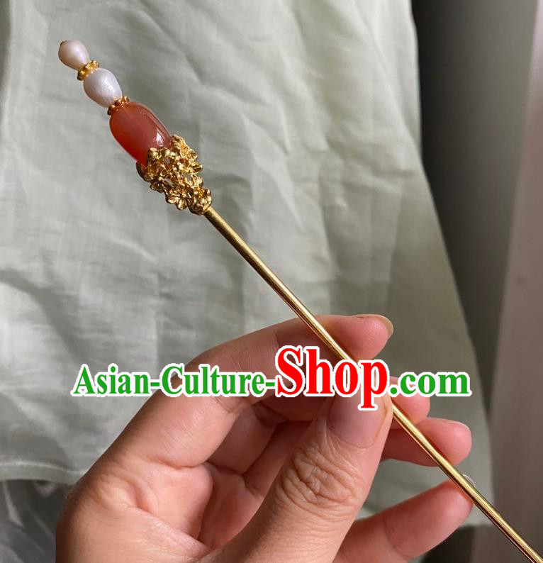Chinese Ancient Court Agate Hairpin Handmade Hanfu Hair Accessories Qing Dynasty Pearls Hair Clip