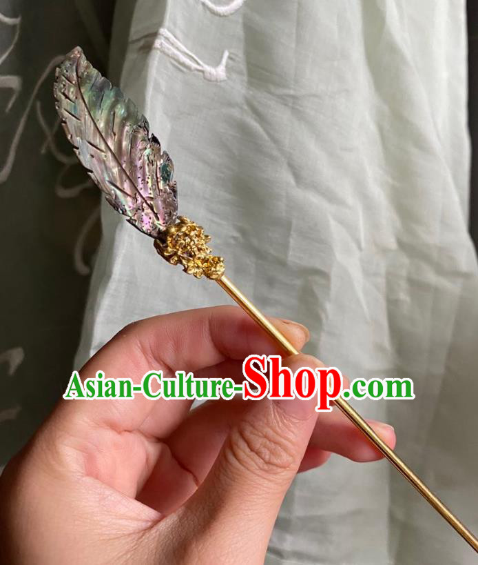 Chinese Ancient Court Golden Hairpin Handmade Hanfu Hair Accessories Qing Dynasty Grey Leaf Hair Clip