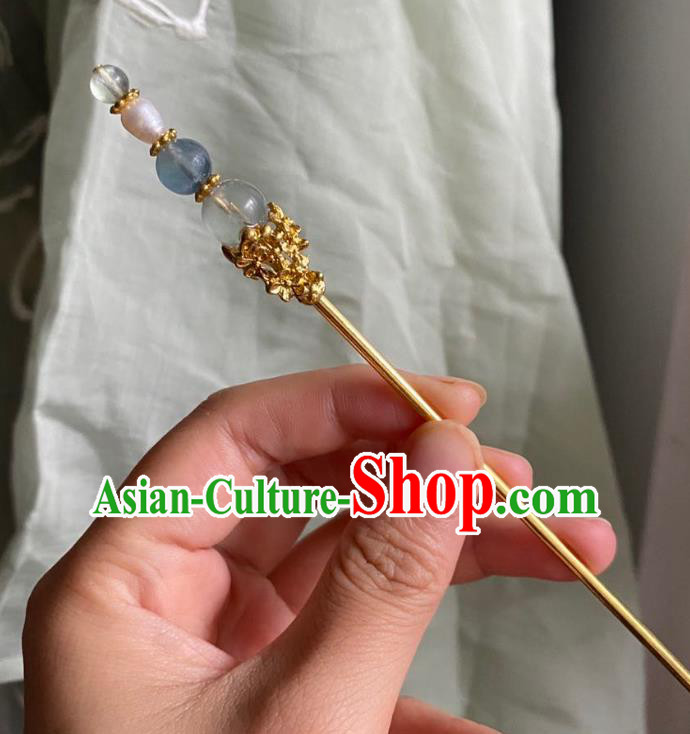 Chinese Ancient Court Blue Beads Hairpin Handmade Hanfu Hair Accessories Qing Dynasty Golden Hair Clip