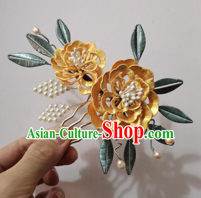 Chinese Classical Ancient Princess Golden Silk Peony Hair Comb Women Hanfu Hair Accessories Handmade Qing Dynasty Pearls Hairpin