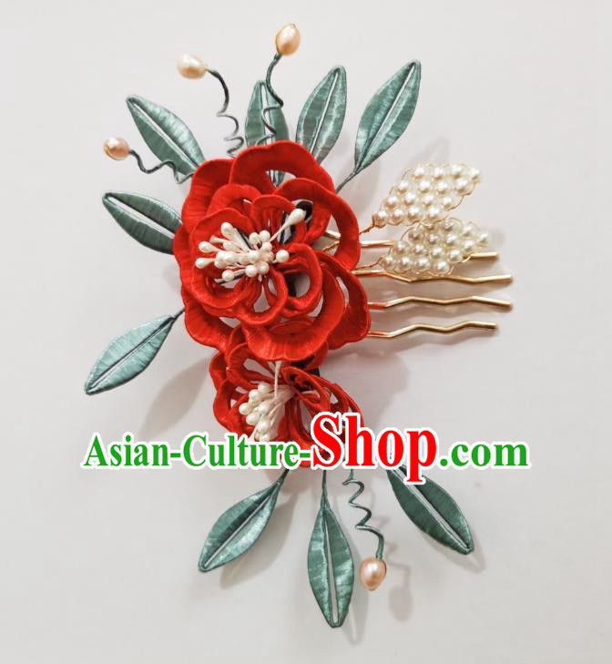 Chinese Classical Ancient Princess Red Silk Peony Hair Comb Women Hanfu Hair Accessories Handmade Qing Dynasty Pearls Hairpin