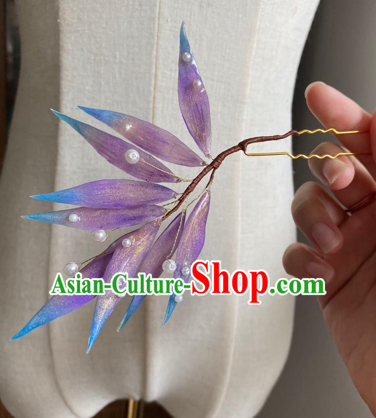 Chinese Ancient Court Purple Bamboo Leaf Hairpin Hanfu Hair Accessories Handmade Hair Clip