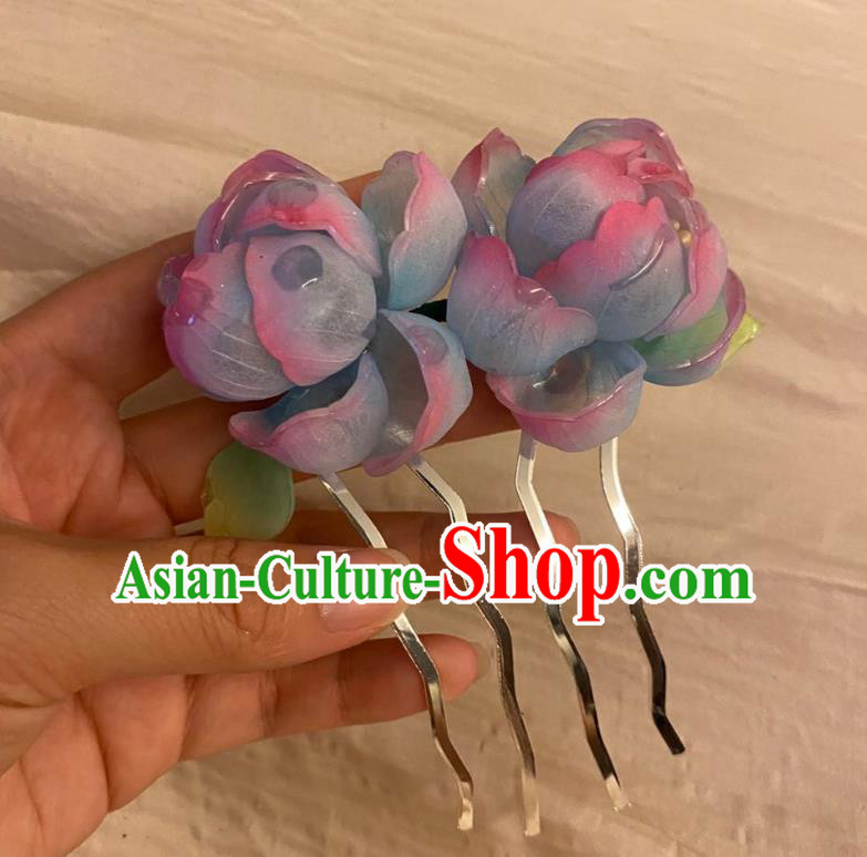 Chinese Ancient Palace Lady Blue Rose Hairpin Hanfu Hair Accessories Handmade Flowers Hair Comb