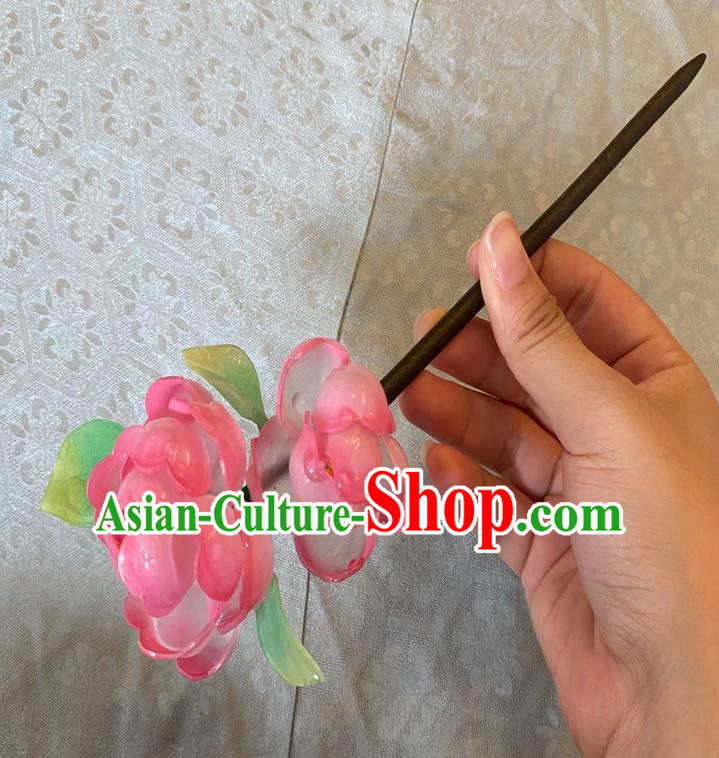 Chinese Classical Wood Hair Clip Handmade Ancient Princess Pink Peach Blossom Hairpin Women Hanfu Hair Accessories