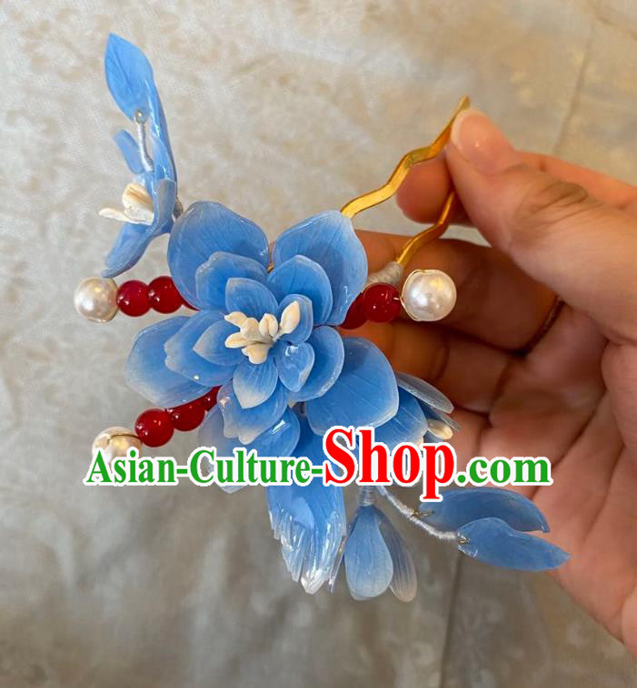 Chinese Women Classical Blue Flower Hair Clip Handmade Ancient Princess Hanfu Hair Accessories Red Beads Hairpin