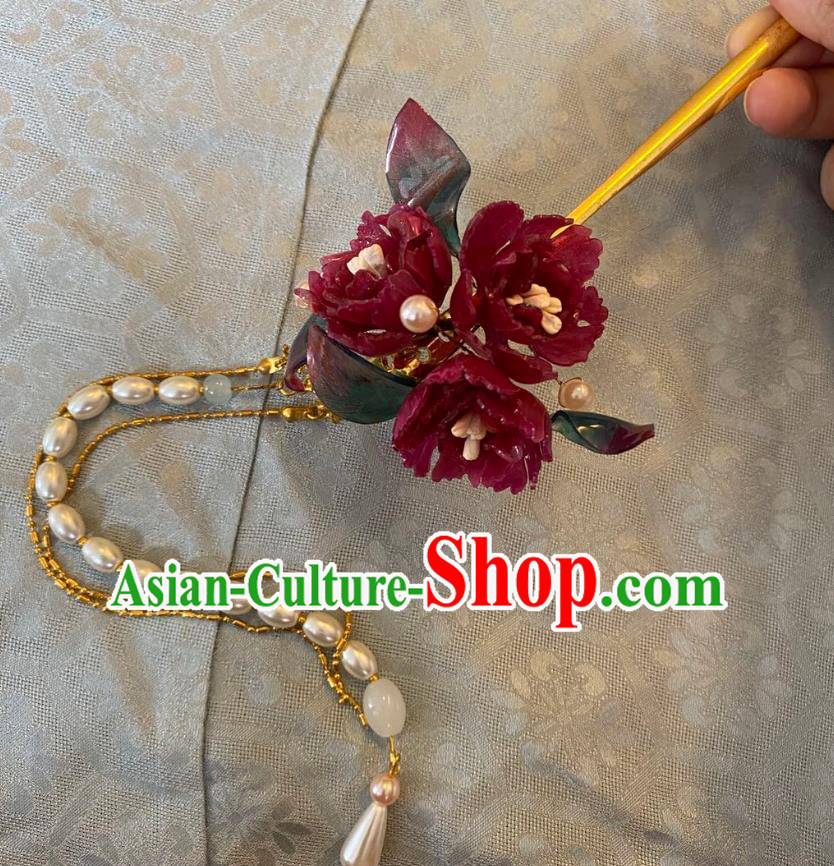 Chinese Women Classical Pearls Tassel Hair Clip Handmade Ancient Princess Hanfu Hair Accessories Wine Red Flowers Hairpin