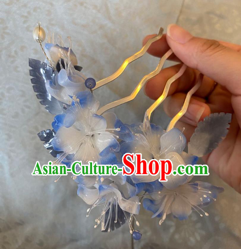 Chinese Women Classical Hairpin Handmade Ancient Princess Hanfu Hair Accessories Blue Flowers Hair Comb