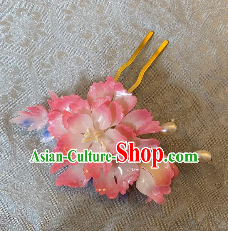 Chinese Women Classical Pink Flower Hairpin Handmade Ancient Princess Hanfu Hair Accessories Hair Clip