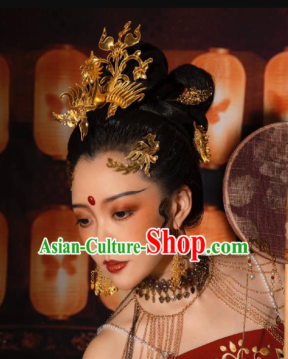Chinese Women Classical Dance Golden Hairpin Handmade Ancient Princess Hanfu Hair Accessories Phoenix Hair Crown Complete Set