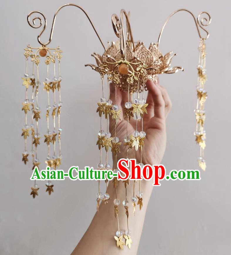 Chinese Tang Dynasty Classical Maple Leaf Tassel Phoenix Coronet Hairpin Handmade Ancient Princess Hanfu Hair Accessories Women Lotus Hair Crown