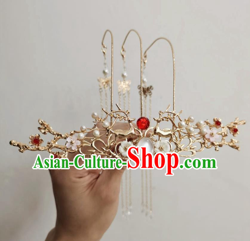 Chinese Tang Dynasty Classical Hairpin Handmade Ancient Princess Hanfu Hair Accessories Women Tassel Opal Hair Crown