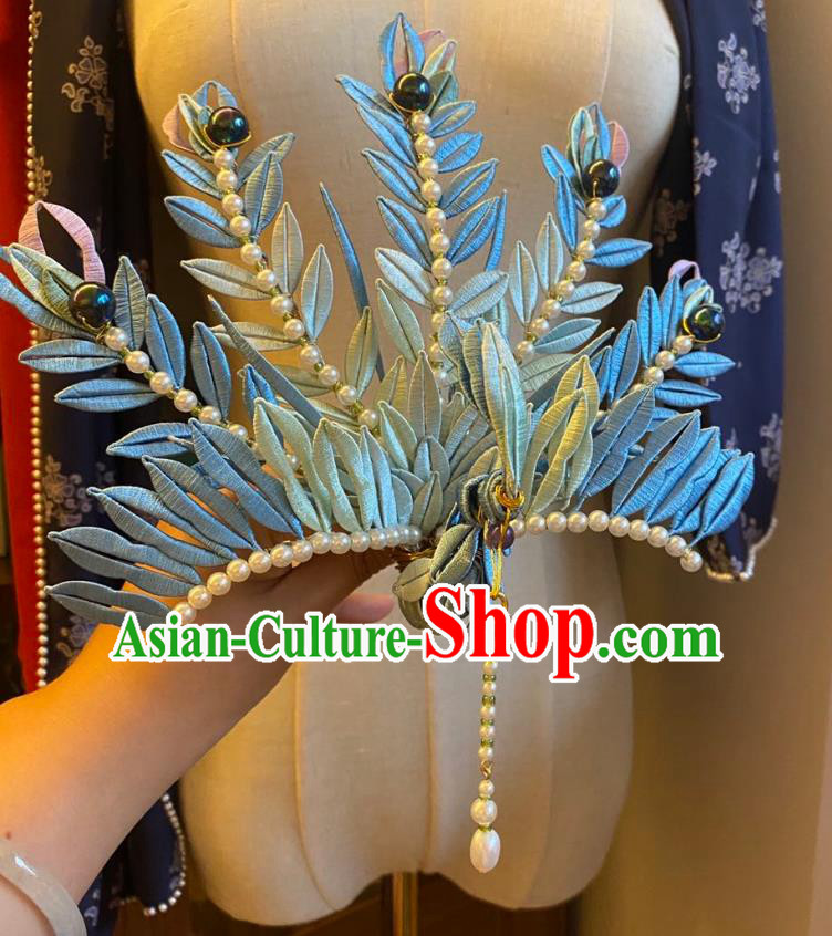 Chinese Ming Dynasty Silk Phoenix Hairpin Handmade Classical Ancient Empress Hanfu Hair Accessories Court Women Pearls Tassel Hair Crown