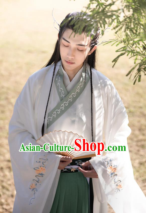 Chinese Ancient Prince Hanfu Apparels Traditional Costumes Han Dynasty Scholar Garment Embroidered Cloak Shirt and Skirt Complete Set
