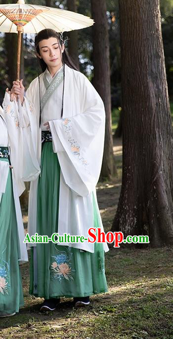 Chinese Ancient Prince Hanfu Apparels Traditional Costumes Han Dynasty Scholar Garment Embroidered Cloak Shirt and Skirt Complete Set