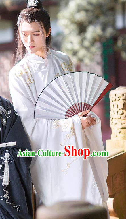 Chinese Ancient Noble Scholar Hanfu Apparels Traditional Costumes Ming Dynasty Prince Garment Embroidered White Robe