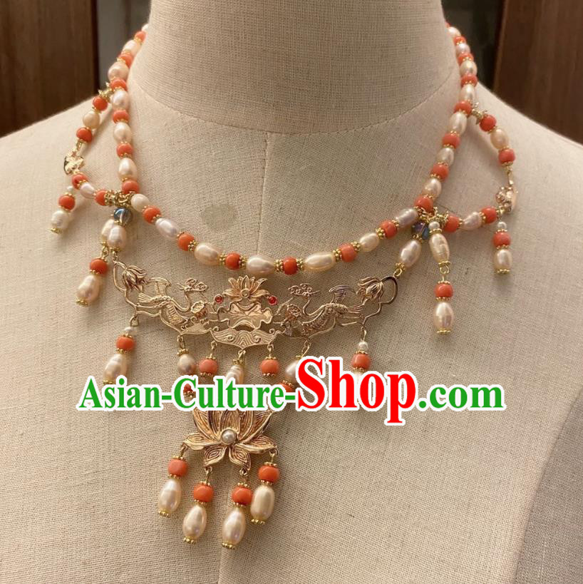 Chinese Handmade Pearls Tassel Necklet Classical Jewelry Accessories Ancient Hanfu Golden Lotus Necklace for Women