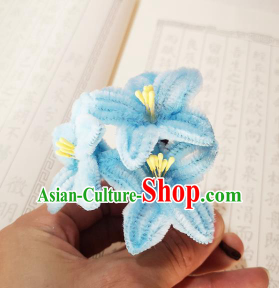 Chinese Ancient Princess Blue Velvet Hairpins Hair Accessories Handmade Qing Dynasty Palace Lady Lily Flowers Hair Stick
