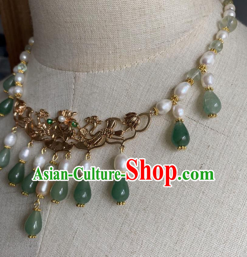 Chinese Handmade Green Beads Tassel Necklet Classical Jewelry Accessories Ancient Hanfu Golden Phoenix Necklace for Women