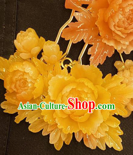 Chinese Ancient Princess Yellow Peony Hairpins Hair Accessories Handmade Kimono Courtesan Hair Comb