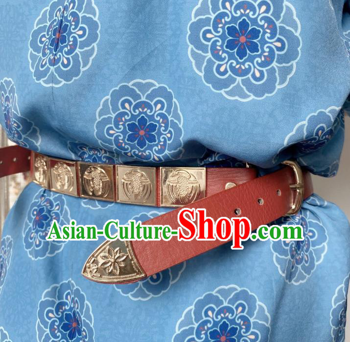 Chinese Classical Ancient Hanfu Red Leather Belt Tang Dynasty Swordsman Waistband Accessories