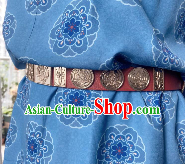 Chinese Classical Ancient Hanfu Red Leather Belt Tang Dynasty Swordsman Waistband Accessories