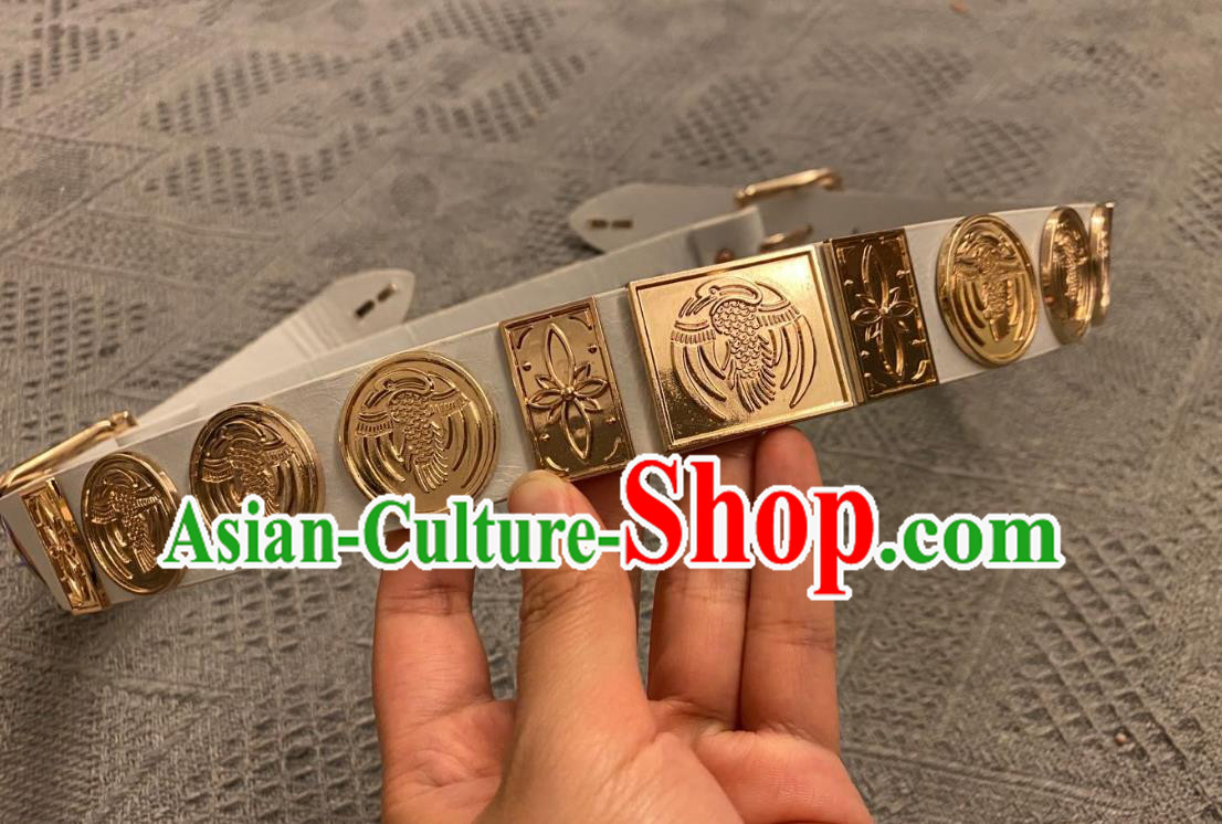 Chinese Classical Ancient Hanfu White Leather Belt Tang Dynasty Swordsman Waistband Accessories