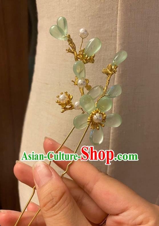 Chinese Ancient Princess Golden Hairpin Hanfu Hair Accessories Women Handmade Green Plum Flowers Hair Comb