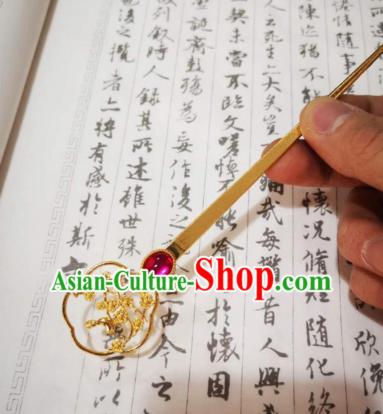 Chinese Ancient Empress Golden Hairpins Hair Accessories Handmade Ming Dynasty Court Rosy Crystal Hair Stick