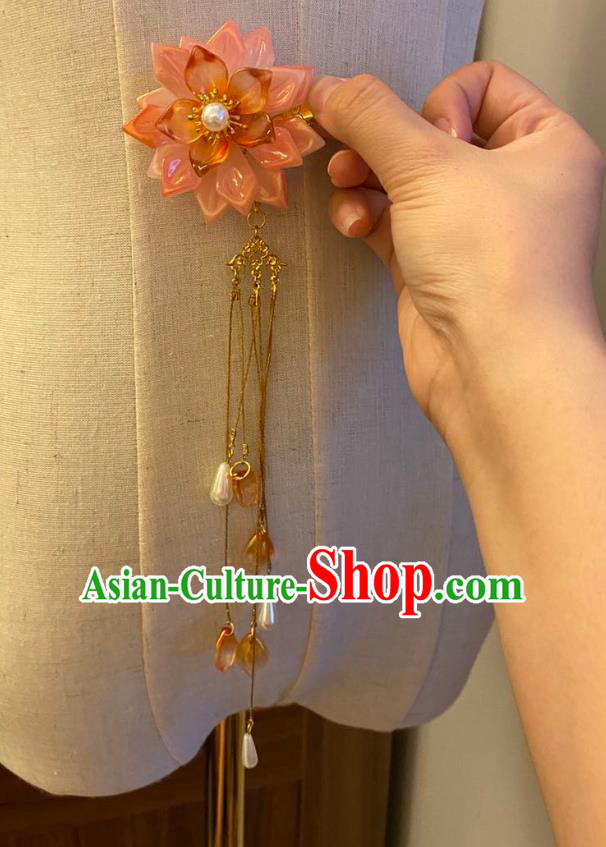 Chinese Ancient Princess Tassel Hairpin Hanfu Hair Accessories Women Handmade Pink Lotus Hair Claw