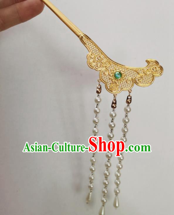 Chinese Ancient Princess Golden Hairpins Hair Accessories Women Handmade Hanfu Song Dynasty Beads Tassel Hair Clip