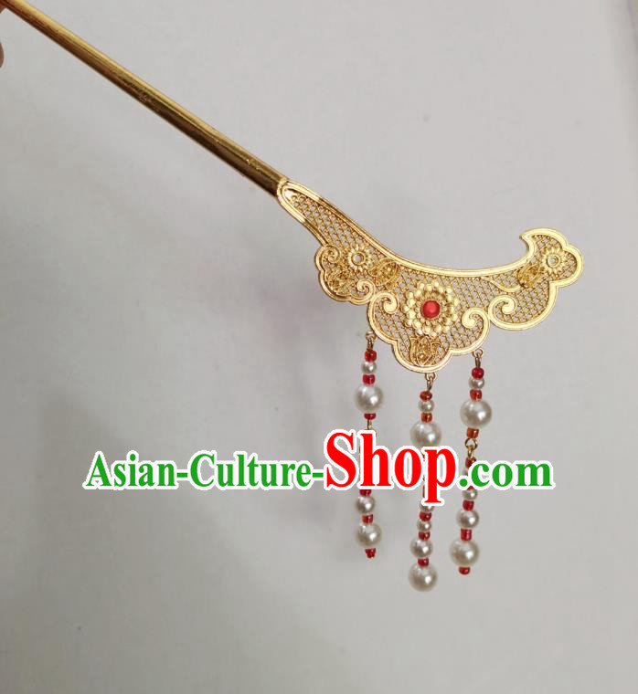 Chinese Ancient Princess Golden Hairpins Hair Accessories Women Handmade Hanfu Tang Dynasty Red Beads Tassel Hair Clip