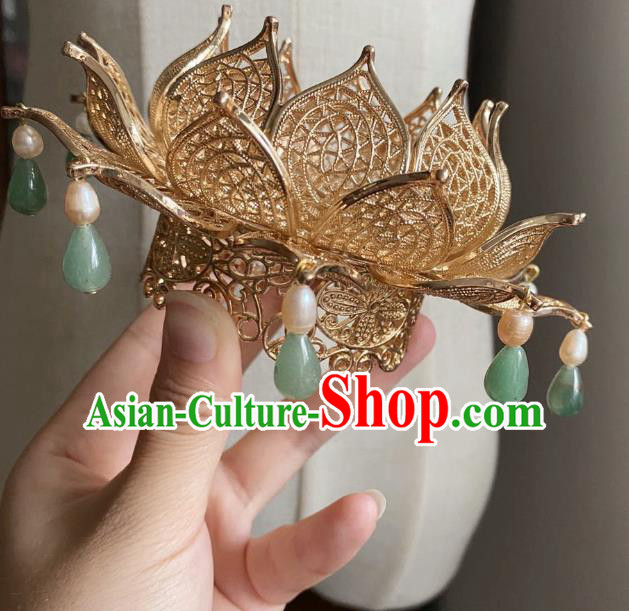 Chinese Ancient Princess Chrysoprase Hairpins Hair Accessories Women Handmade Hanfu Tang Dynasty Golden Lotus Hair Crown