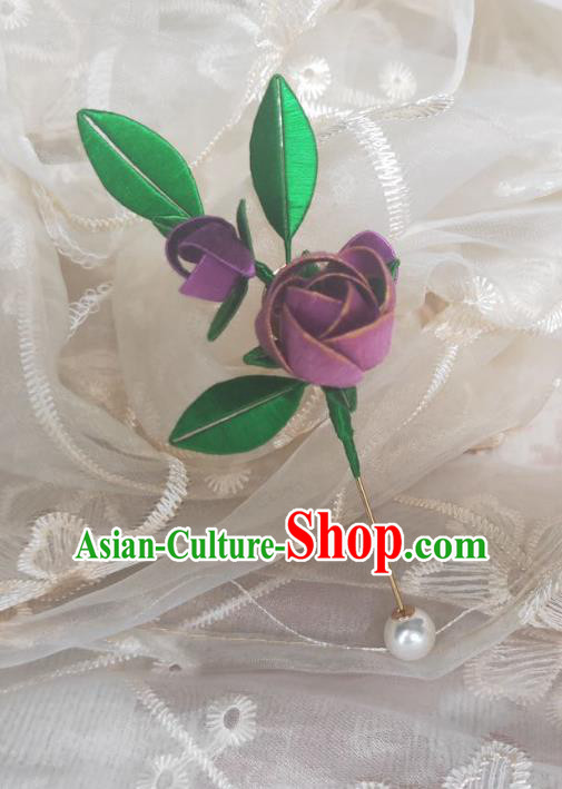 Chinese Ancient Princess Purple Rose Hairpins Hair Accessories Handmade Hanfu Silk Flower Hair Stick