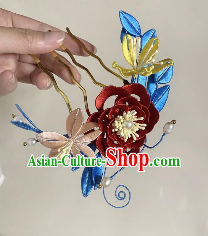 Chinese Ancient Princess Silk Flowers Hairpins Hair Accessories Handmade Hanfu Red Rose Hair Comb