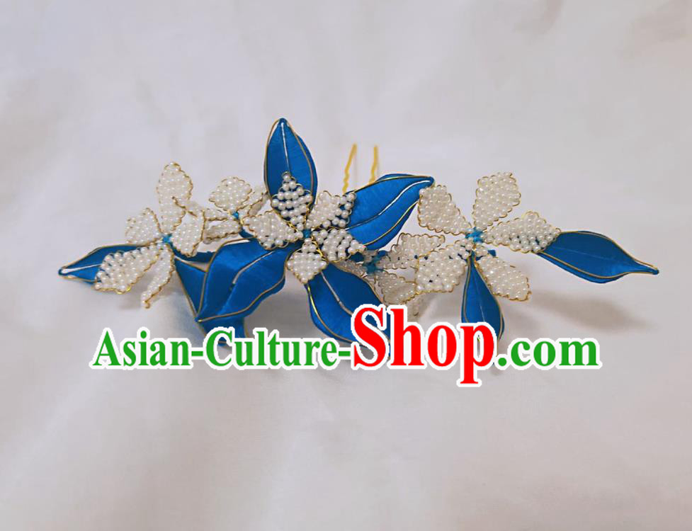 Chinese Ancient Princess Beads Hairpins Hair Accessories Handmade Hanfu Blue Silk Flowers Hair Comb
