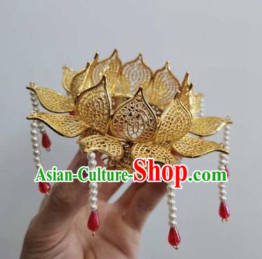 Chinese Ancient Princess Red Stone Tassel Hairpins Hair Accessories Handmade Hanfu Tang Dynasty Imperial Concubine Golden Lotus Hair Crown