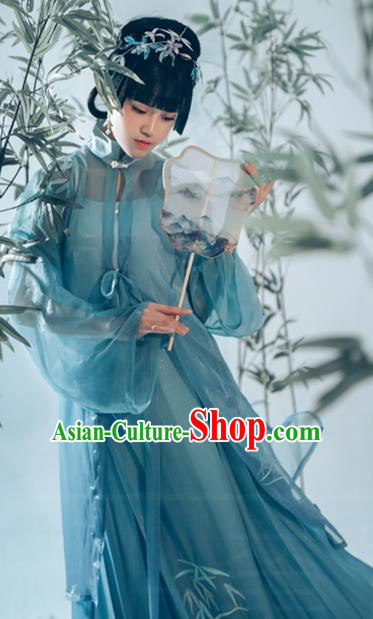 Chinese Ancient Patrician Female Hanfu Apparels Traditional Costumes Ming Dynasty Noble Lady Garment Blue Gown Top and Skirt Full Set