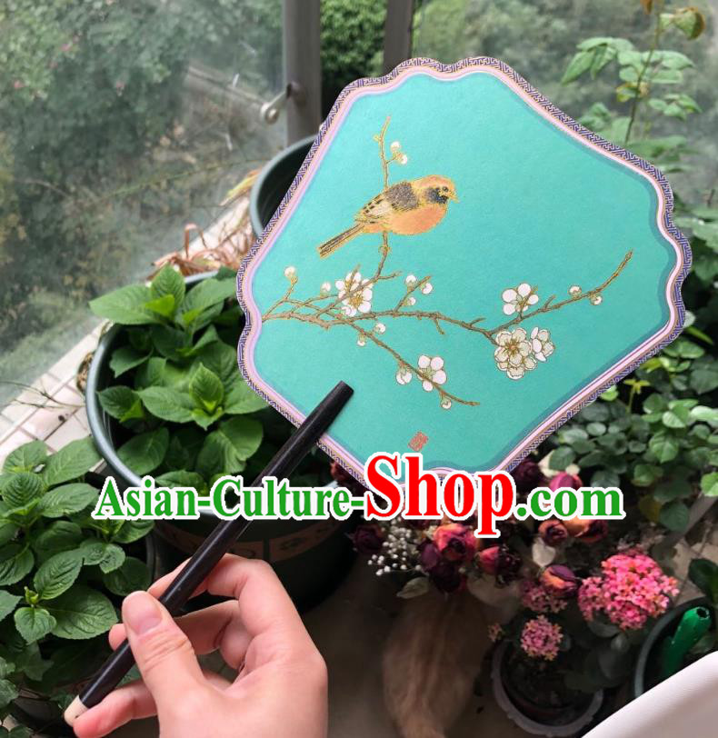 Chinese Classical Green Silk Palace Fan Ancient Palace Lady Fans Accessories Song Dynasty Princess Painting Plum Birds Fans