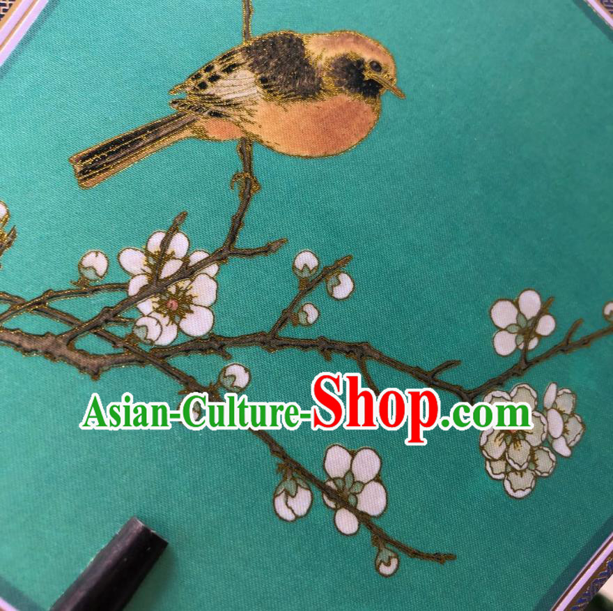 Chinese Classical Green Silk Palace Fan Ancient Palace Lady Fans Accessories Song Dynasty Princess Painting Plum Birds Fans