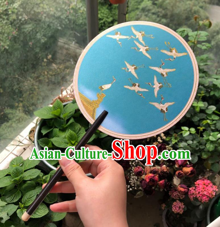 Chinese Classical Blue Silk Palace Fan Ancient Palace Lady Fans Accessories Song Dynasty Princess Painting Cranes Round Fans